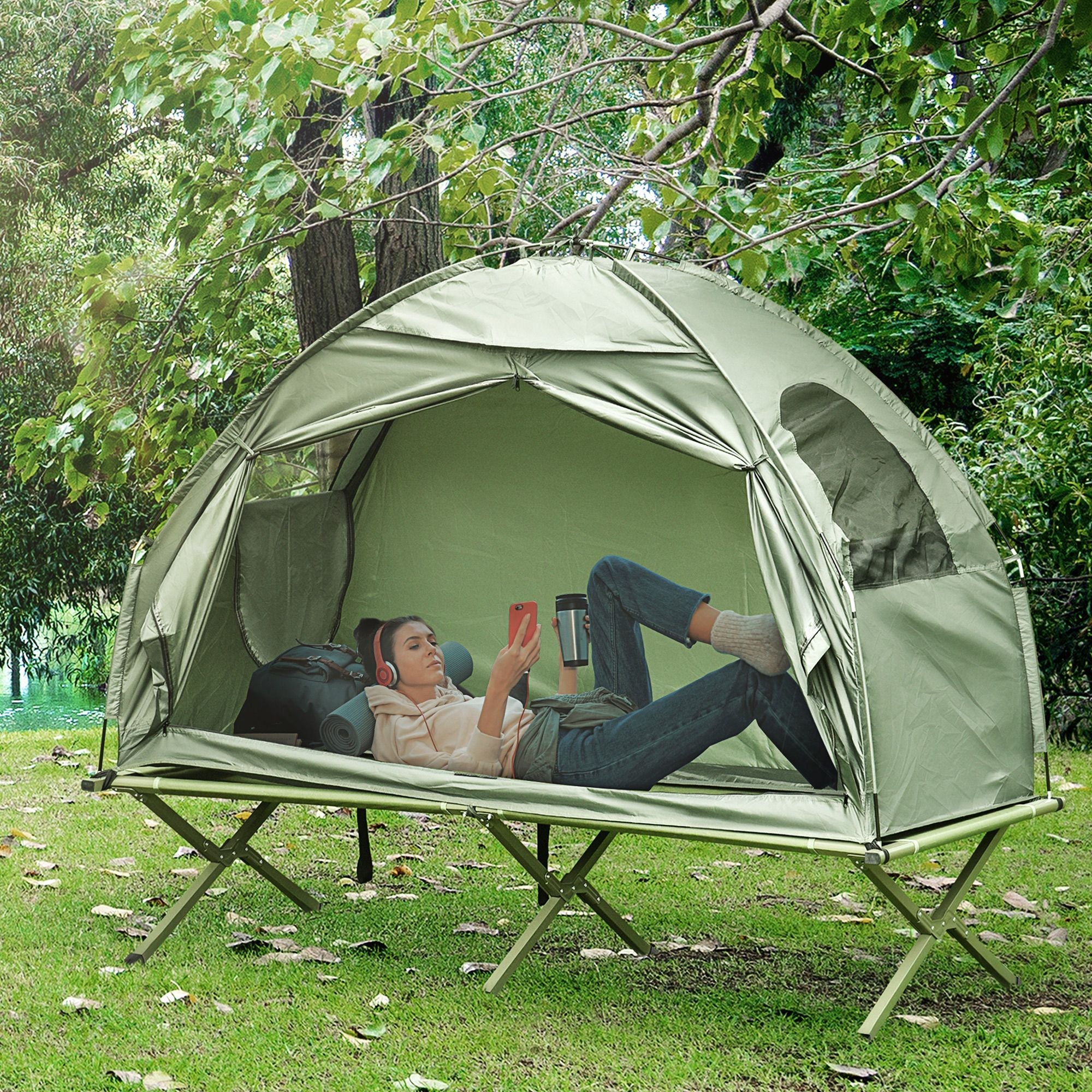 1 Person Folding Camping Cot, Portable Outdoor with Carry Bag, 2-in-1 Elevated Camping Bed Tent Single
