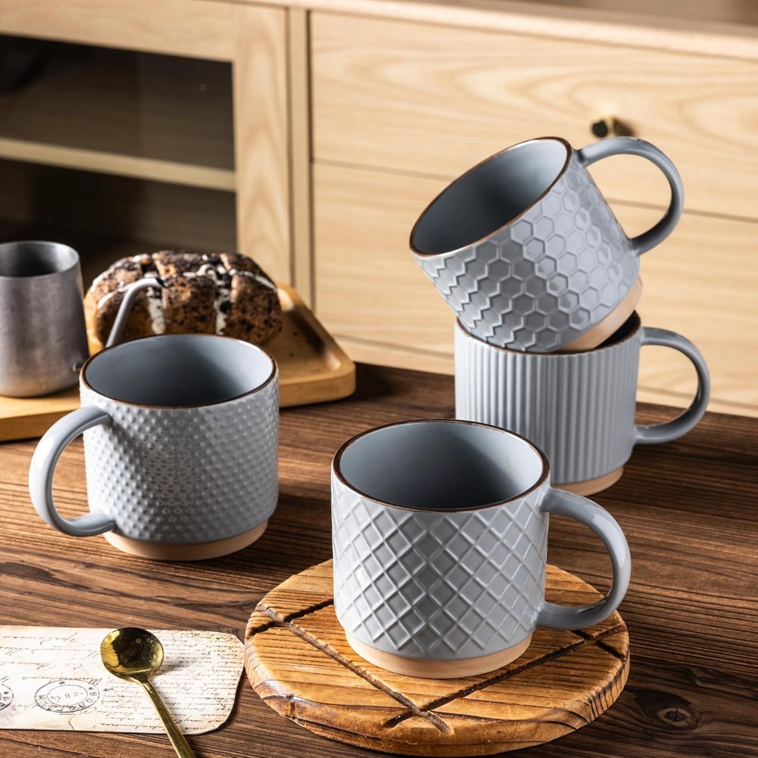 12OZ Stackable Coffee Mugs, Ceramic Coffee Mugs with Texture Patterns for Man,Woman,Dad,Mom, Modern Coffee Cups Set of 4 for Latte/Cappuccino/Cocoa. Dishwasher&Microwave Safe, Gray
