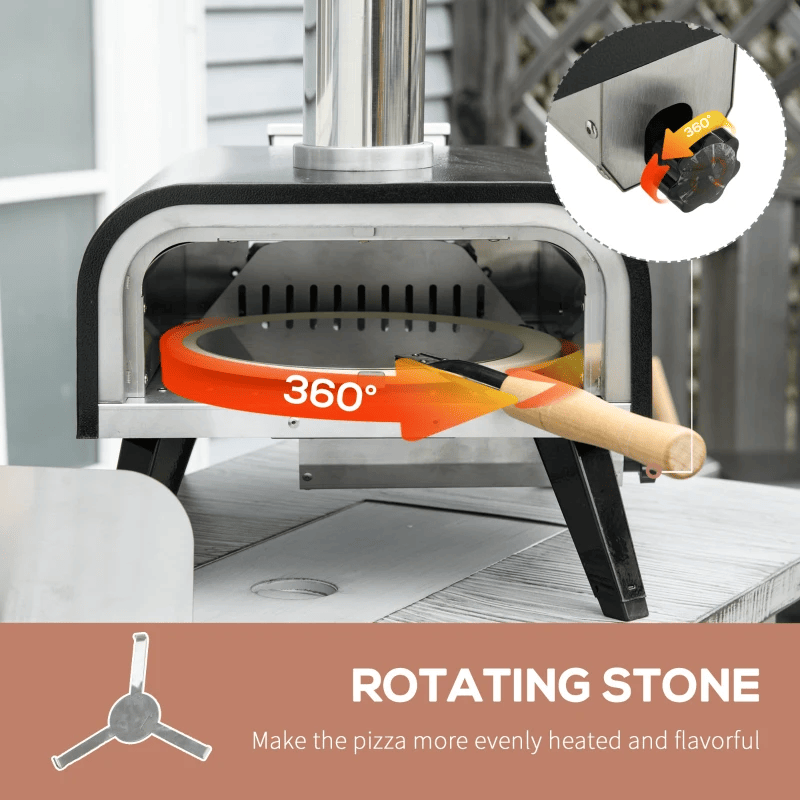12-inch Automatic Rotating Pizza Oven with Built-in Thermometer-Portable Wood-Fired Pizza Oven, Outdoor Kitchen Authentic Stone-Baked Pizza, Independent Carbon Grill, Wheel-equipped Pizza