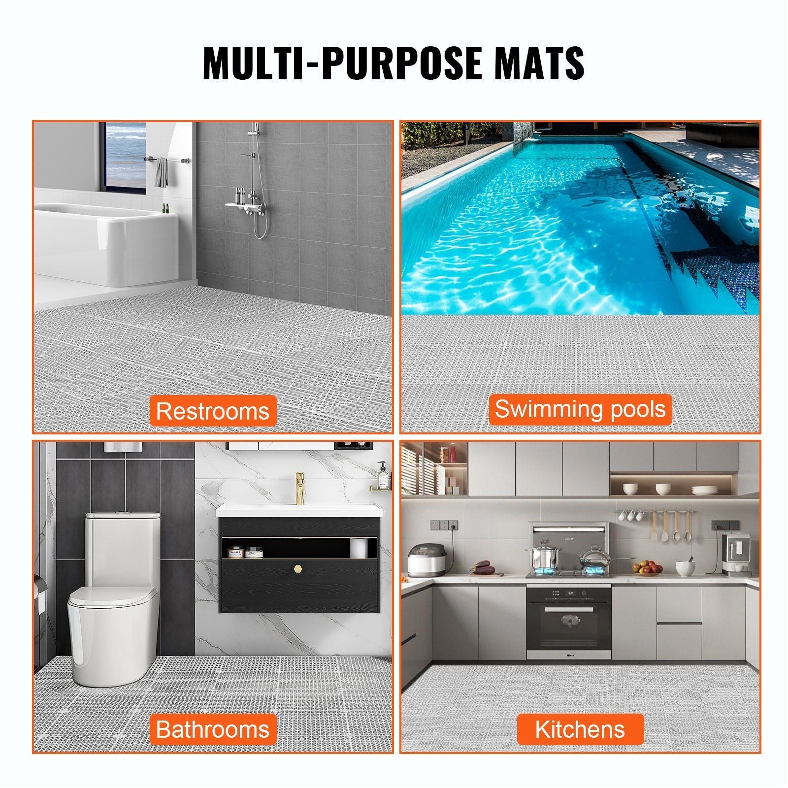 VEVOR Interlocking Tile 50PCS Gray, Drainage Tiles 12" x 12" Splicing, PVC Interlocking Drainage Floor Tiles, Non-Slip Drainage Holes for Restroom, Bathroom, Kitchen, Pool, Wet Areas