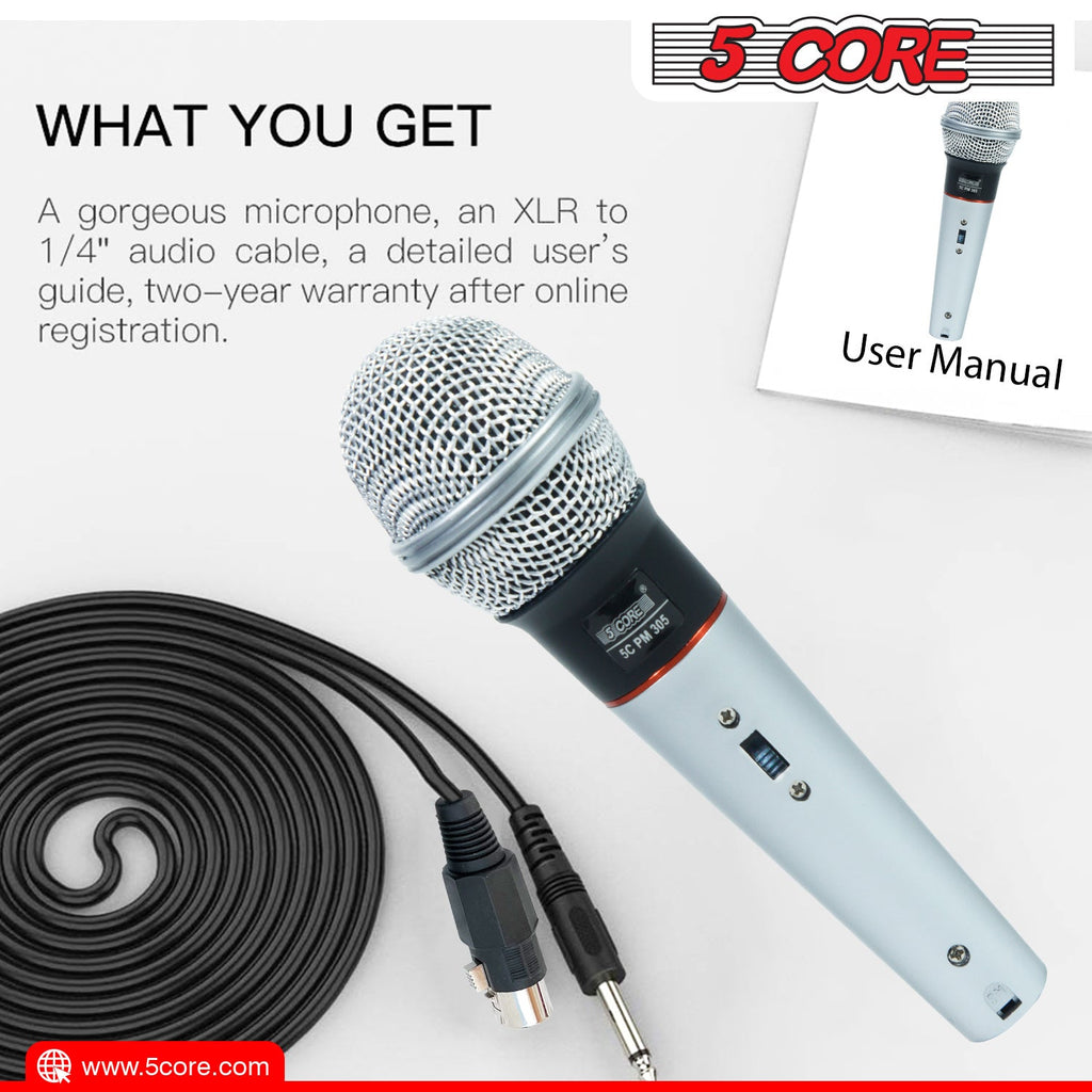 5 Core Microphone Wired Dynamic Vocal Handheld Mic Cardioid Karaoke Unidirectional Microfono w On and Off Switch Includes XLR Audio Cable for Singing, Public Speaking & Parties PM 305