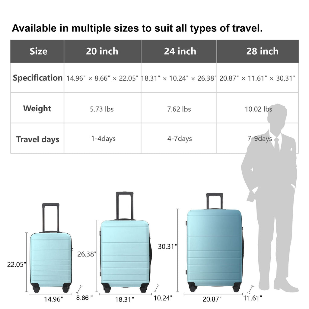 Luggage Sets ABS Hardshell 3pcs Luggage, Lightweight Durable Suitcase sets Spinner Wheels Suitcase with TSA Lock 20''24''28'' Available(Blue)