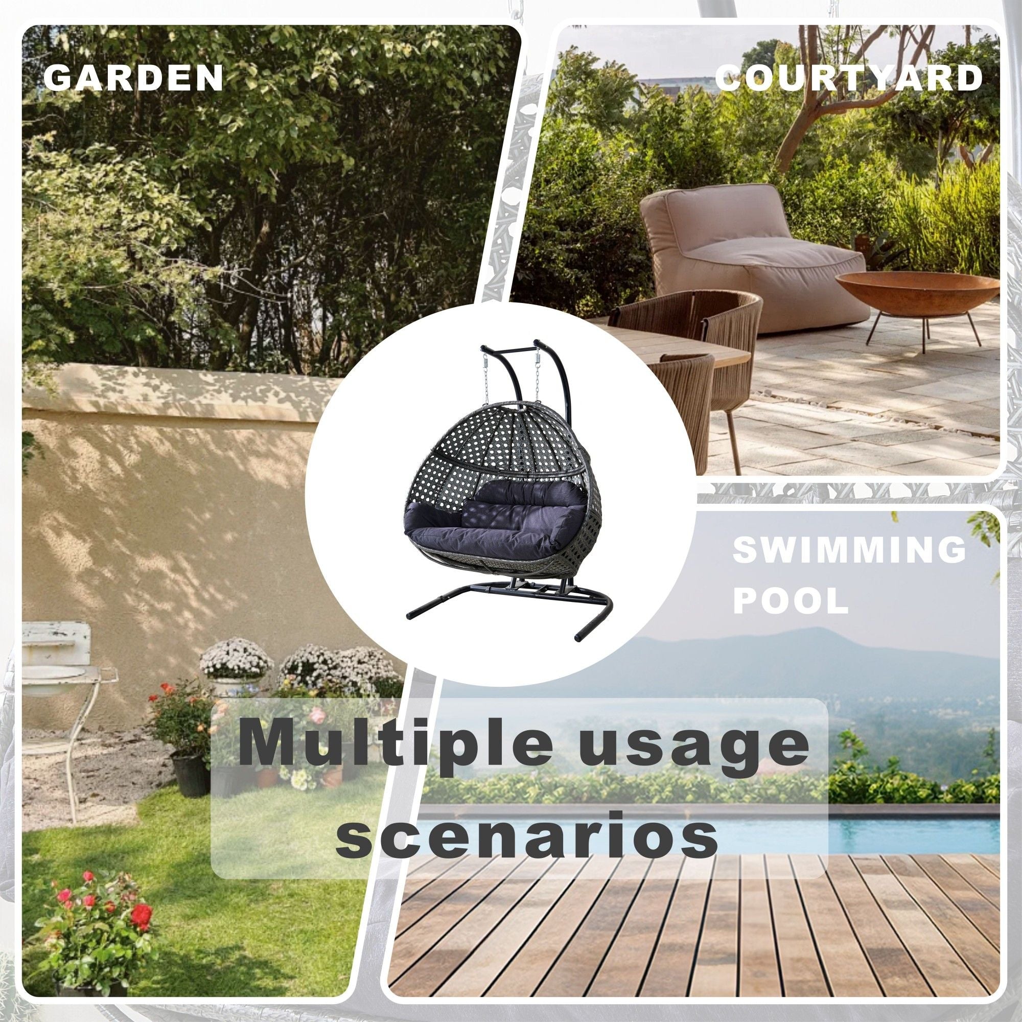Double Wicker Swing Egg Chair,  All-Weather Rattan Hanging Hammock Chair for Home Bedroom Patio Balcony,Black&Grey