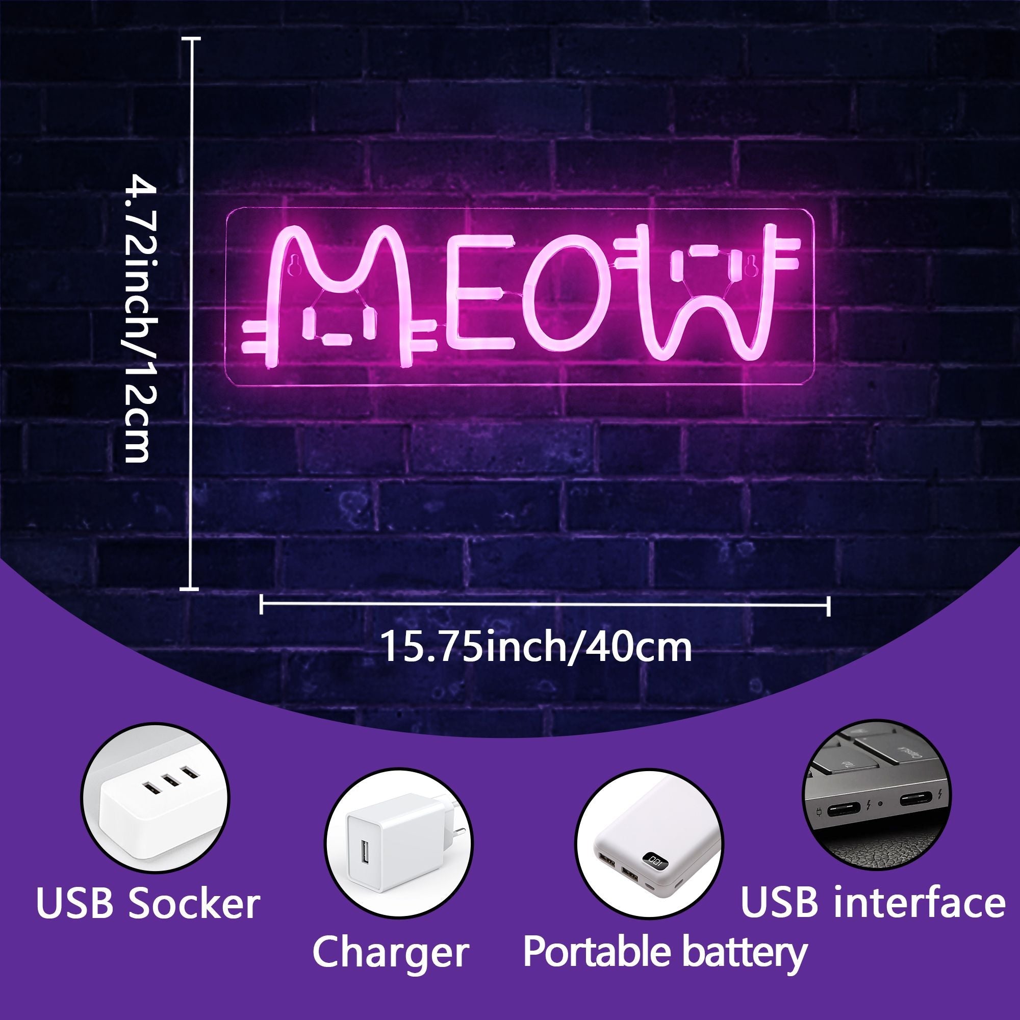 1 LED neon light, pink "meow meow" cat shaped wall decoration light, bright neon light with USB, suitable for decorating girls' bedrooms, 5V adjustable lighting, very suitable for room accents