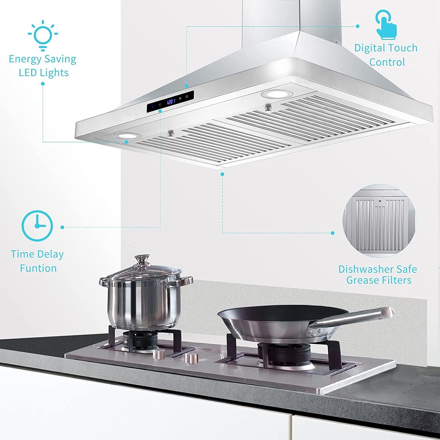 30/36 inch Range Hood 700CFM Wall Mount Stainless Steel Touch Control 3-speed Stove Vent