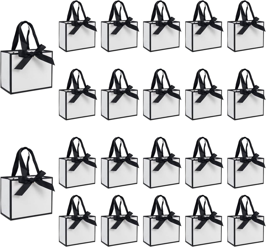 50 PCS Small White Black Gift Bags with Handles, 6.4×3.1×5.1 Inch Thank You Bags with Bow Ribbon for Baby Shower, Bridal Shower, Wedding, Party Favors, Thanksgiving, Christmas