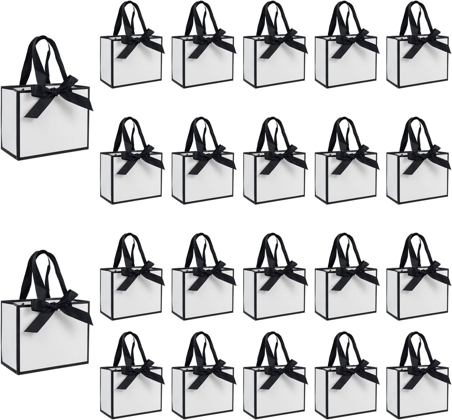 50 PCS Small White Black Gift Bags with Handles, 6.4×3.1×5.1 Inch Thank You Bags with Bow Ribbon for Baby Shower, Bridal Shower, Wedding, Party Favors, Thanksgiving, Christmas