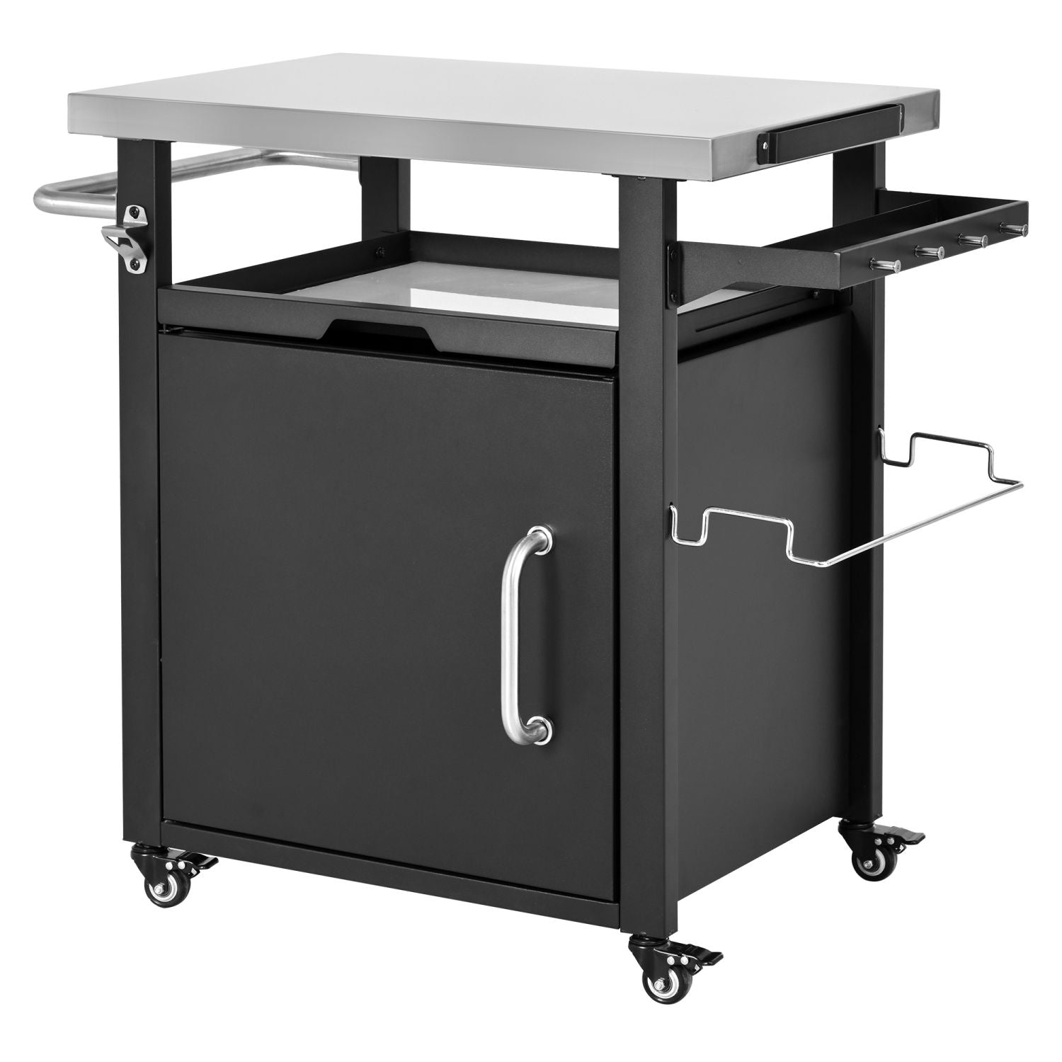 K&K 39.5" Outdoor Grill Cart with Storage Cabinet, Outdoor Bar Cart Pizza Oven Table with Wheels, Stainless Steel Top, Outdoor Kitchen Island with Spice & Paper Rack for BBQ, Waterproof Cover Included