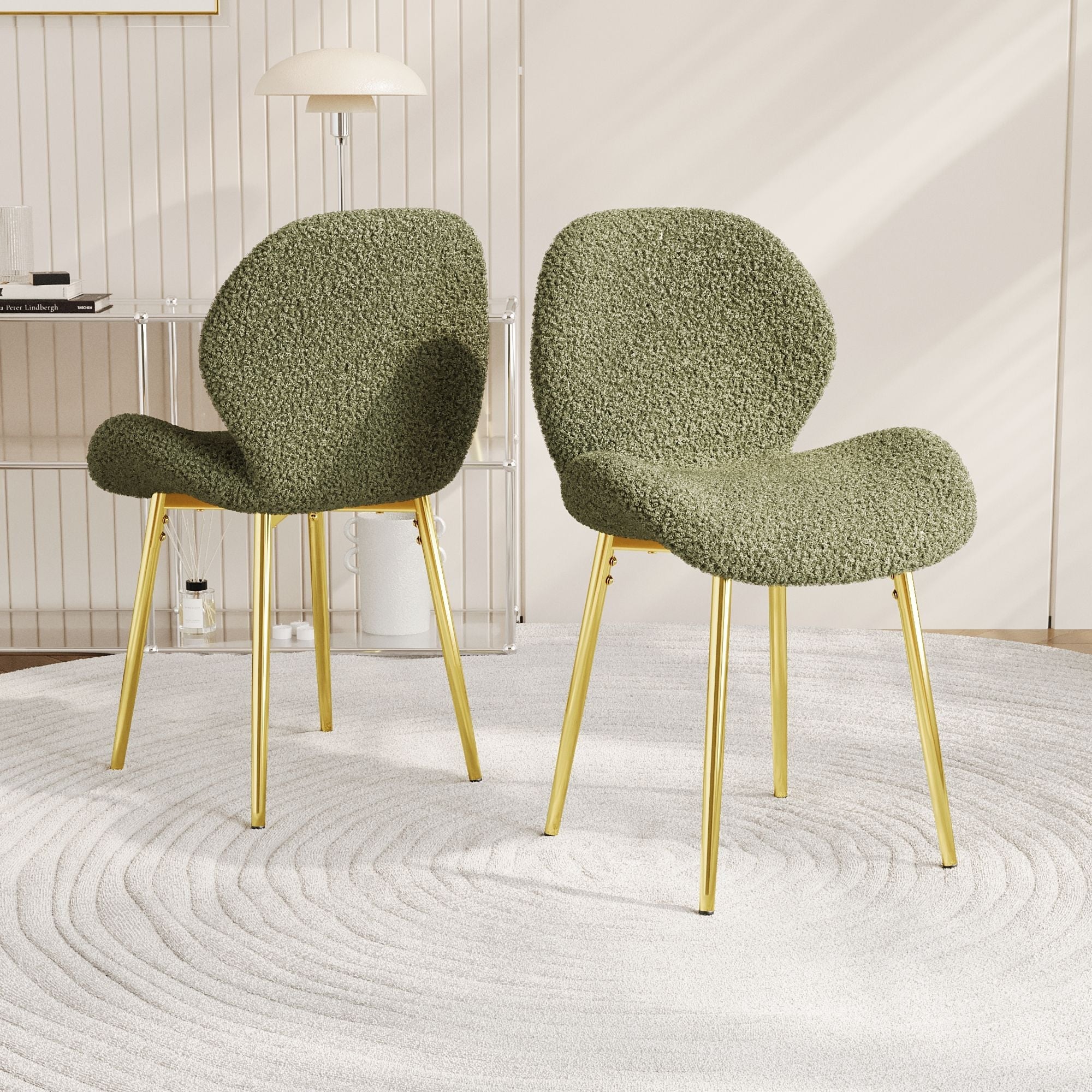 Modern minimalist white teddy velvet Dining Chairs Set of 2 with sturdy gold metal legs and comfortable backrest design, suitable for restaurants, kitchens, and offices.
