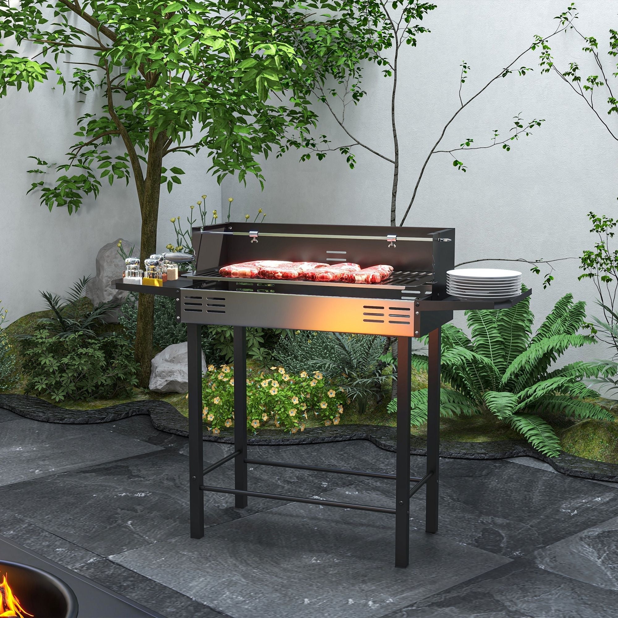 Outsunny BBQ Rotisserie Charcoal Grill for Chicken Turkey with 3-Level Grate Storage Shelves Stainless Steel