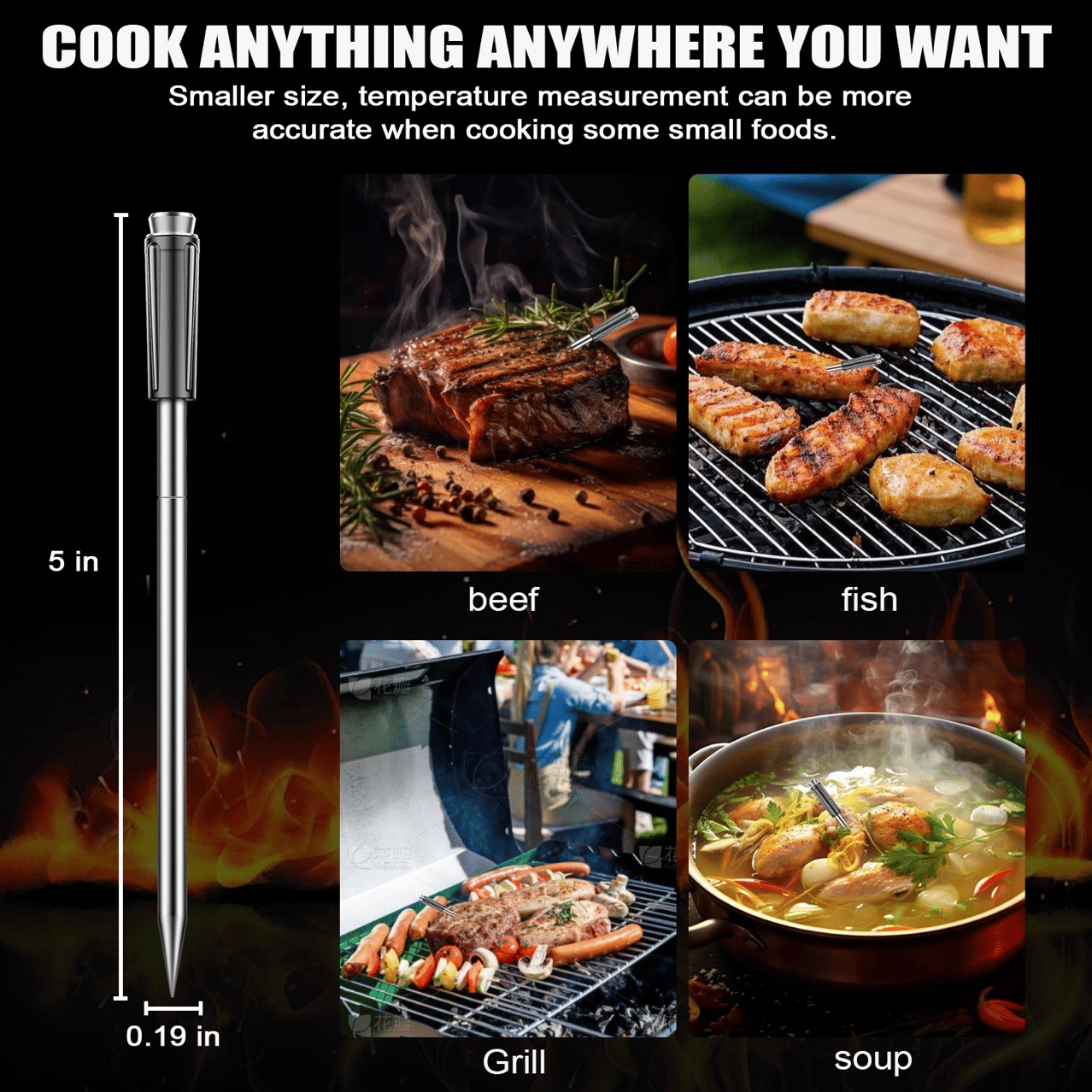 PSJX369 BBQ Meat Thermometer-SUS304 Stainless Steel with Bluetooth 5.2 Connectivity (700ft range), 24-hour battery life, 1-second response time. Features probe temperature display and audible alarm.