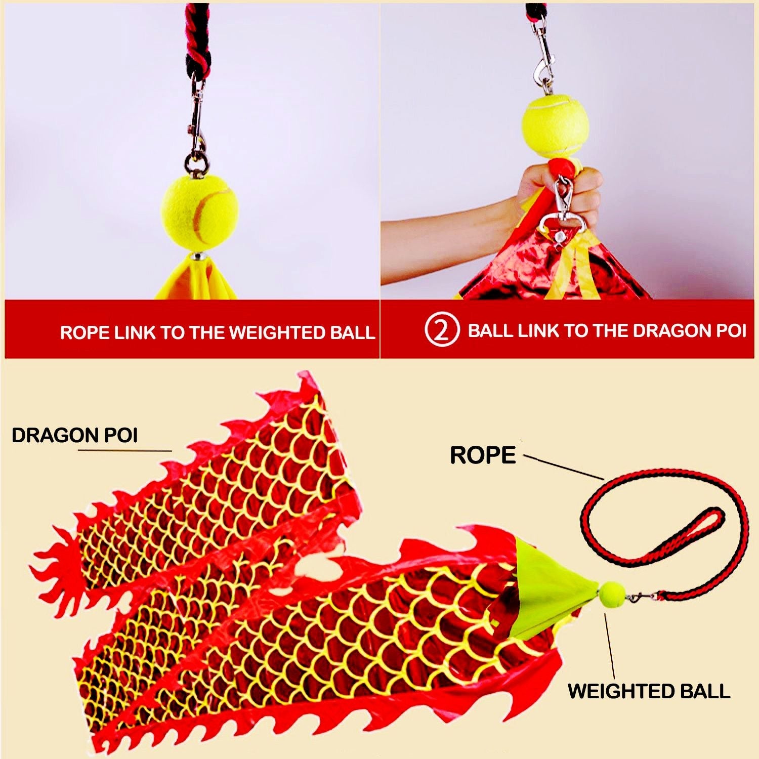 8 Meters (26.2 FT)  Gold Dragon Ball Poi,  3D Golden Dragon Ribbon Streamer with 340g Weighted Ball & Swing Rope and Travel Bag