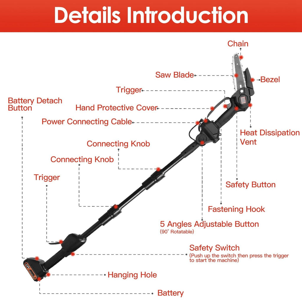 2-in-1 Cordless Pole Saw & Mini Chainsaw Electric Mini Chainsaw Length Adjustable Cordless Chain Saw with 2Pcs 1500mAh Batteries 4in/6in Chains for Tree Trimming