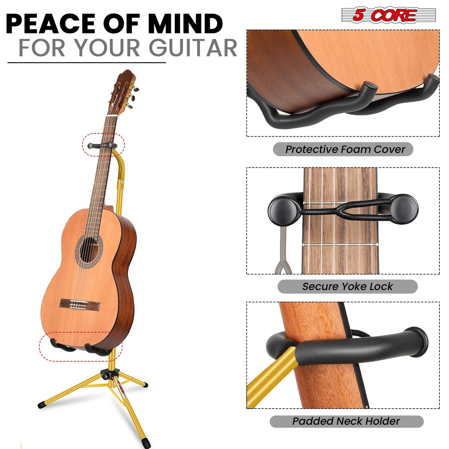 5 CORE Guitar Stand Floor Adjustable Heavy Duty Tripod Acoustic Electric Bass Cello Upright Folding Stands w Neck Holder For On Stage Studio - GSH HD YLW