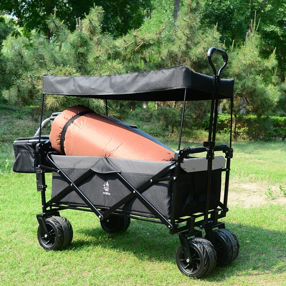 Collapsible Wagon Heavy Duty Folding Wagon Cart with Removable Canopy, 4" Wide Large All Terrain Wheels, Brake, Adjustable Handles,Cooler Bag Utility Carts for Outdoor Garden Beach