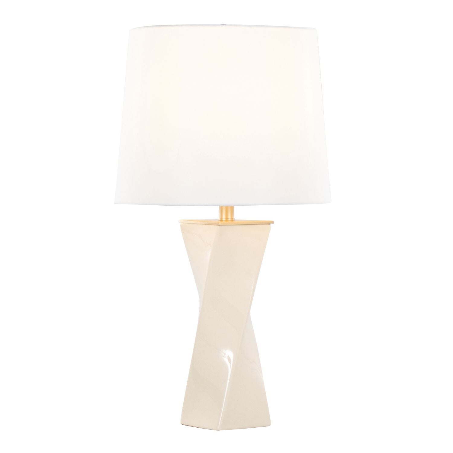 Curvo Square Contemporary 27" Ceramic Table Lamp in Cream Ceramic, Gold Metal, and White Linen by