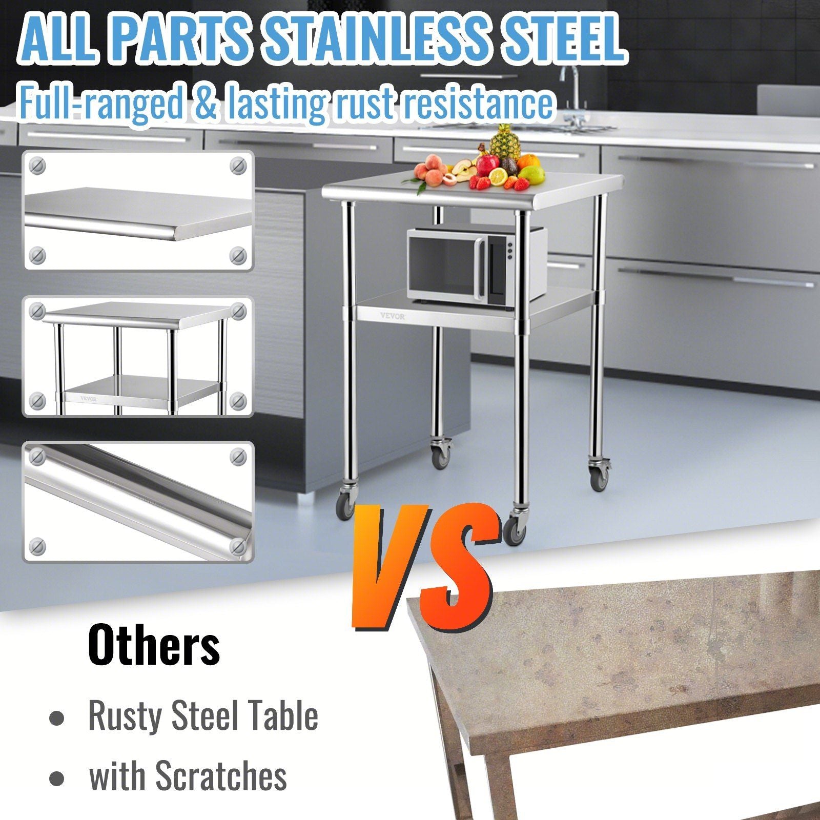 VEVOR Stainless Steel Prep Table, 24 x 24 x 36 Inch, 600lbs Load Capacity Heavy Duty Metal Worktable with Adjustable Undershelf & Universal Wheels, Commercial Workstation for Kitchen Garage Backyard