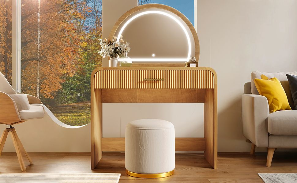 39" Makeup Vanity Table with Mirror Touch Screen Lighted Mirror, Dressing Table with Drawer for Bedroom, Natural