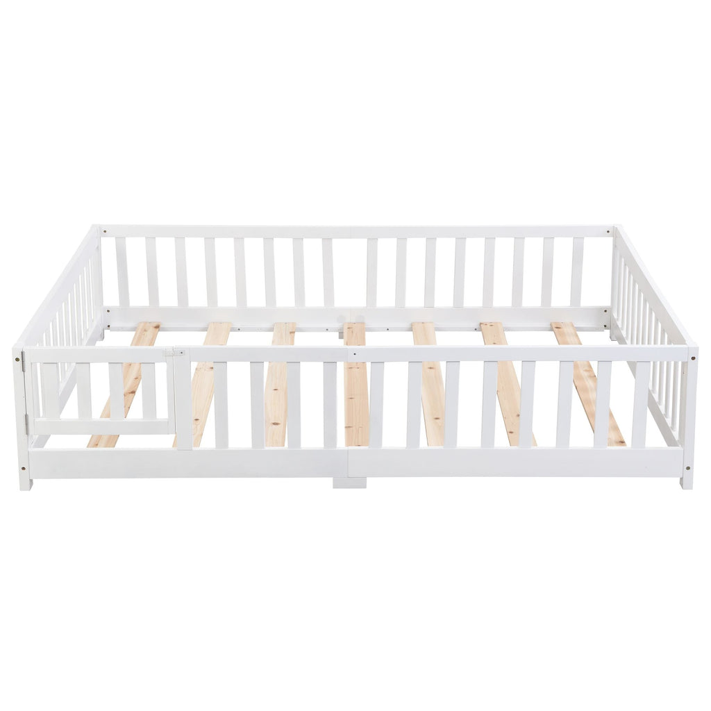 Full Size Floor Bed with Door, Solid Wood Platform Bed Frame with Fence, Suitable for children, Pine Wood
