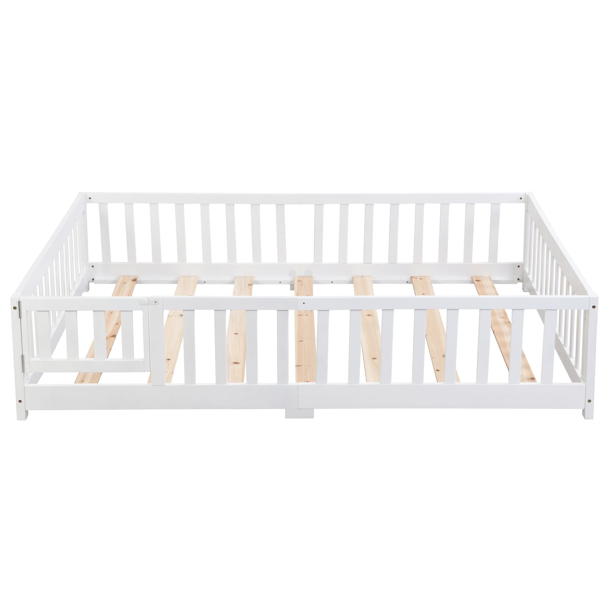 Full Size Floor Bed with Door, Solid Wood Platform Bed Frame with Fence, Suitable for children, Pine Wood