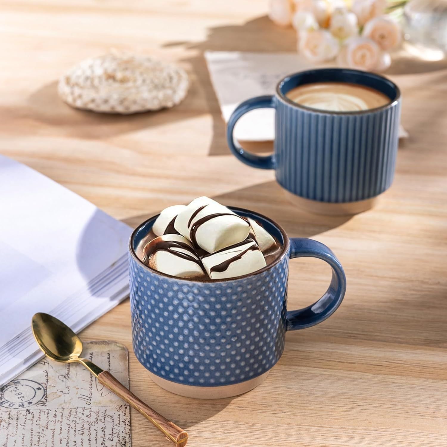 12 OZ Stackable Coffee Mugs, Ceramic Coffee Mugs with Texture Patterns for Man,Woman,Dad,Mom, Modern Coffee Cups Set of 4 for Latte/Cappuccino/Cocoa. Dishwasher&Microwave Safe