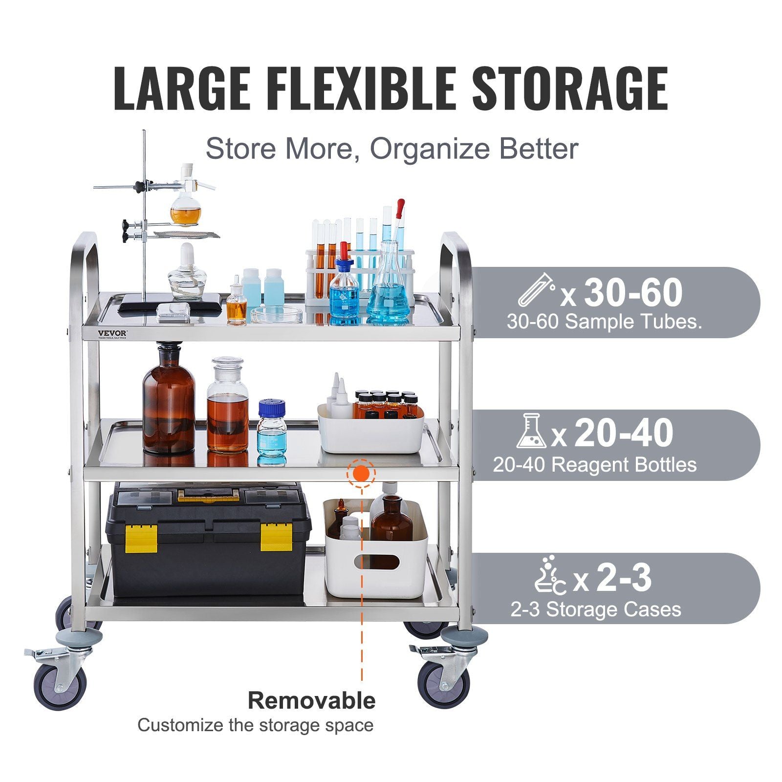 VEVOR Stainless Steel Cart, 3 Layers Lab Utility Cart 400 lbs Weight Capacity, Medical Cart with Lockable Universal Wheels, for Lab, Clinic, Kitchen, Salon