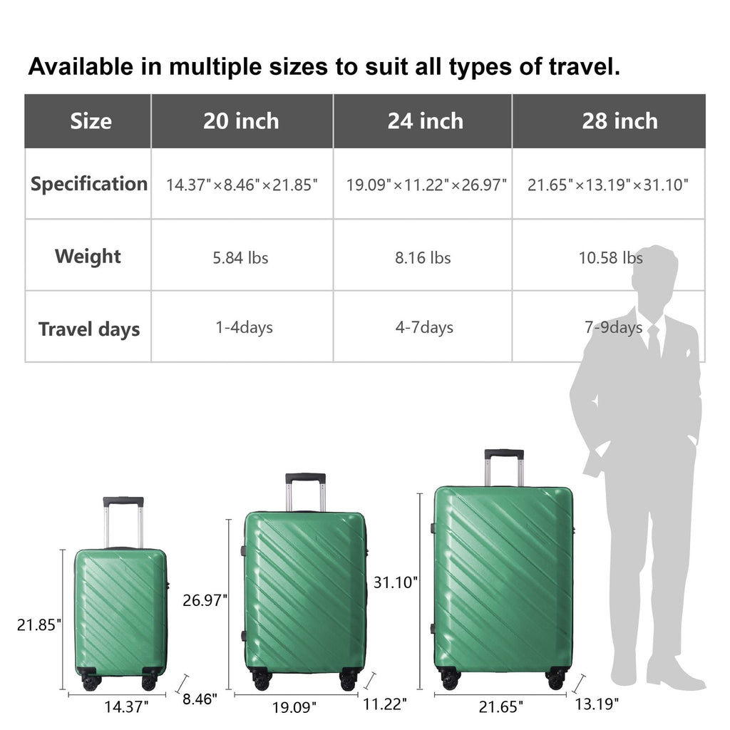 3-Piece Luggage Sets (20", 24", 28"), Suitcase with Wheels, Hardside Suitcase With Four Spinner Wheels and Scratch-Resistant Surface, Green