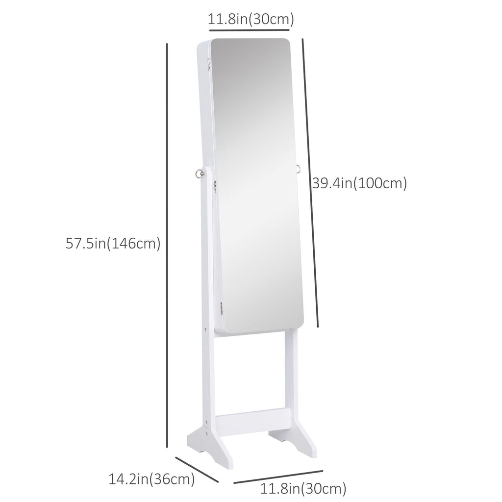 Mirrored Jewelry Armoire LED Lights Freestanding Organizer Adjustable Angle Lockable Cabinet White