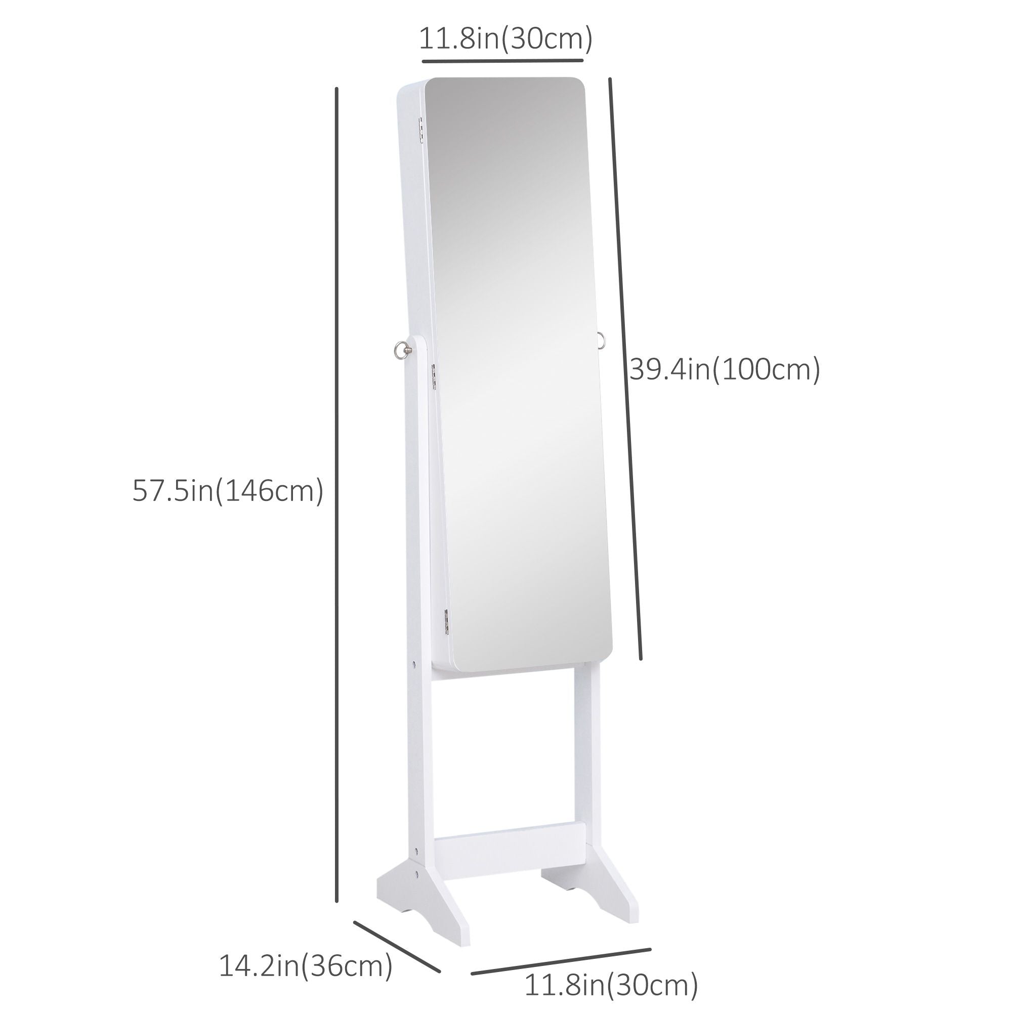 Mirrored Jewelry Armoire LED Lights Freestanding Organizer Adjustable Angle Lockable Cabinet White