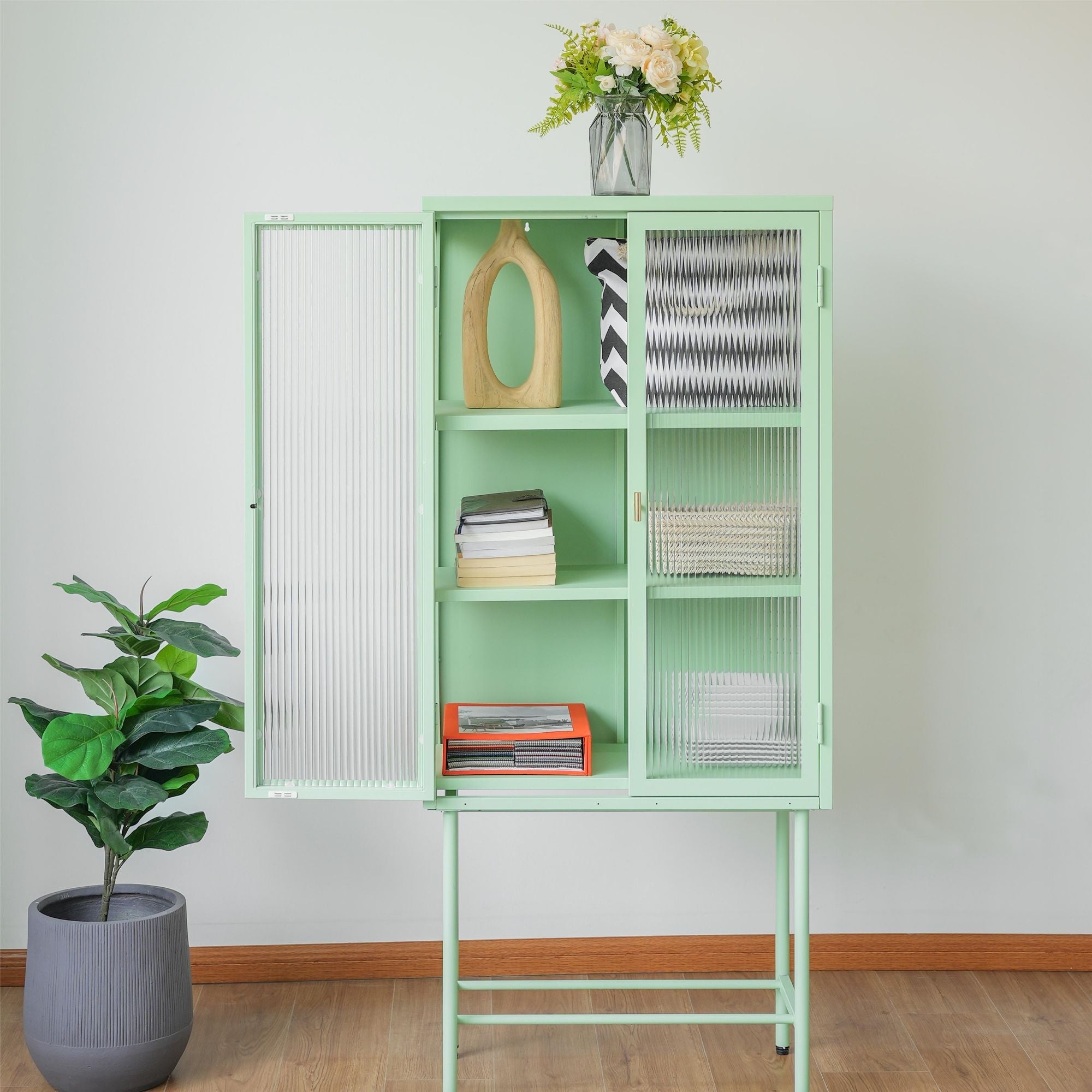Modern Solid Color Matte Glass Storage Cabinet with Adjustable Shelves