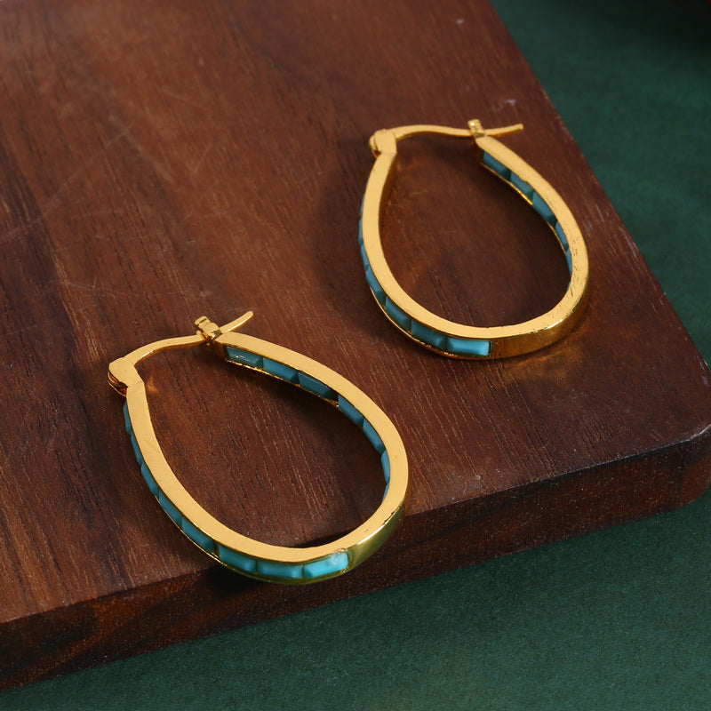U Shape Hoop Earrings Inlaid Square Shape Synthetic Gems Fashion Piercing Earrings Jewelry 1 Pair