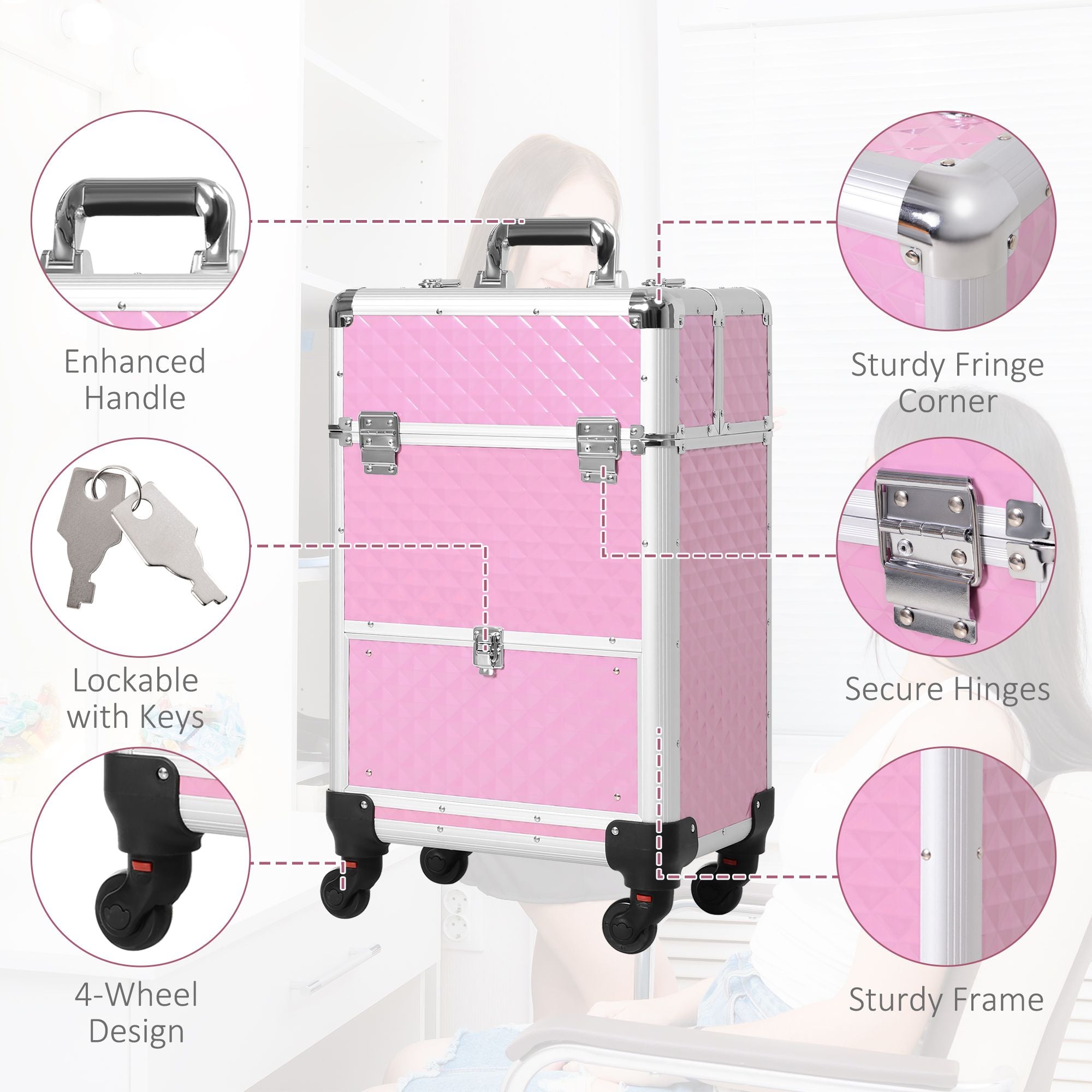 Makeup Train Case Portable Aluminum Rolling Cosmetic Organizer Trolley 4 Wheels Pink Salon Beauty Jewelry Storage