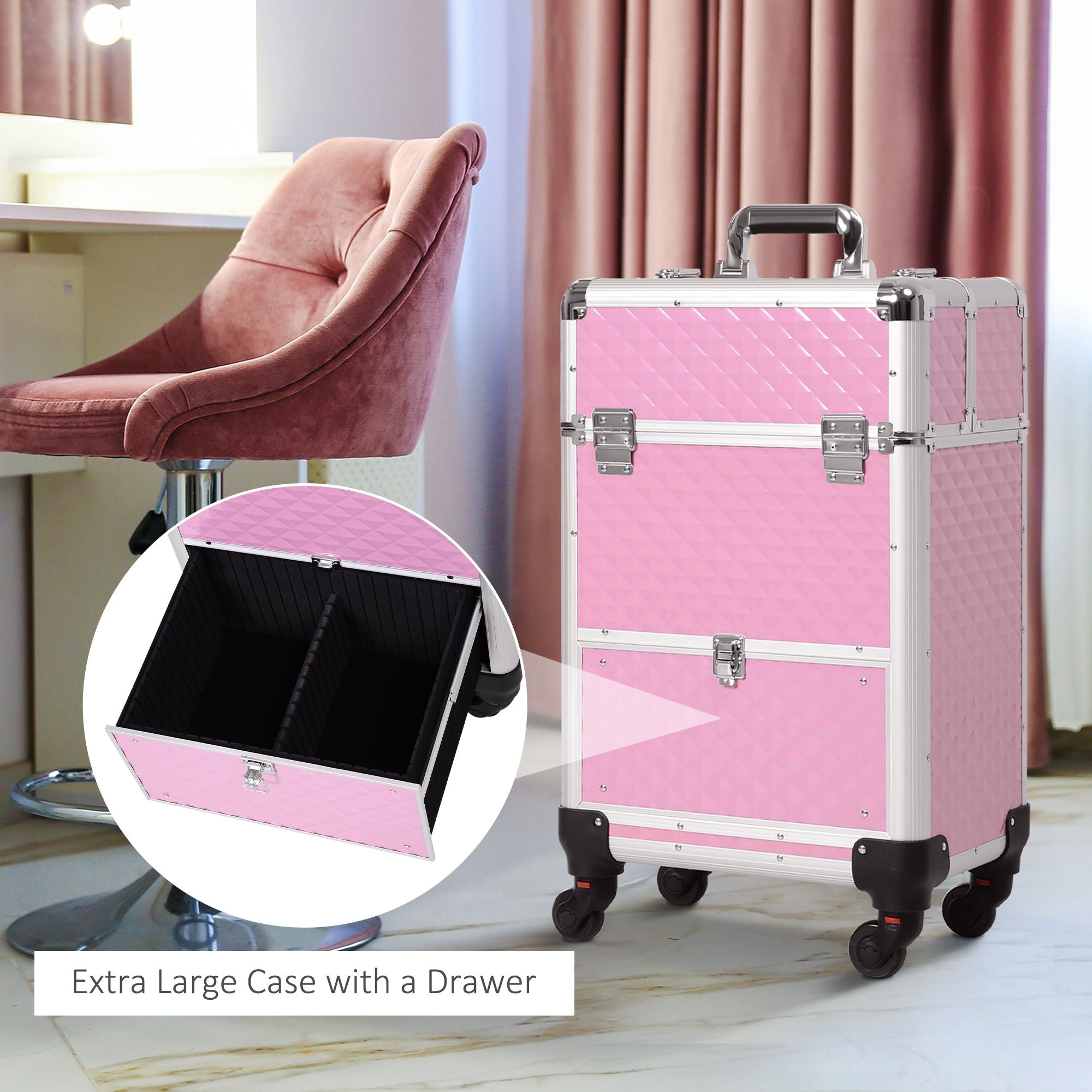 Makeup Train Case Portable Aluminum Rolling Cosmetic Organizer Trolley 4 Wheels Pink Salon Beauty Jewelry Storage