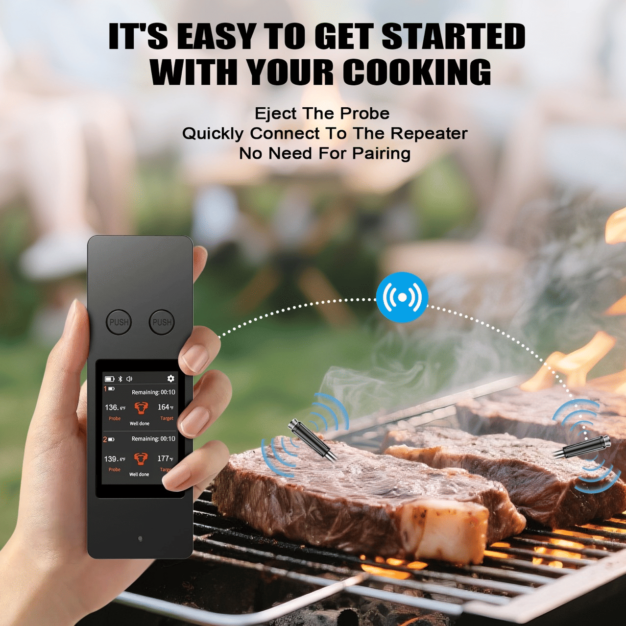 PSJX369 BBQ Meat Thermometer-SUS304 Stainless Steel with Bluetooth 5.2 Connectivity (700ft range), 24-hour battery life, 1-second response time. Features probe temperature display and audible alarm.