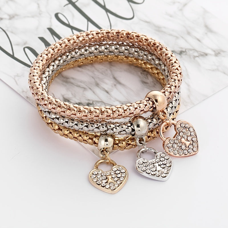 Fashion Jewelry Rhinestone Heart Three Combination Tricolor Bracelet Valentine's Day Gift