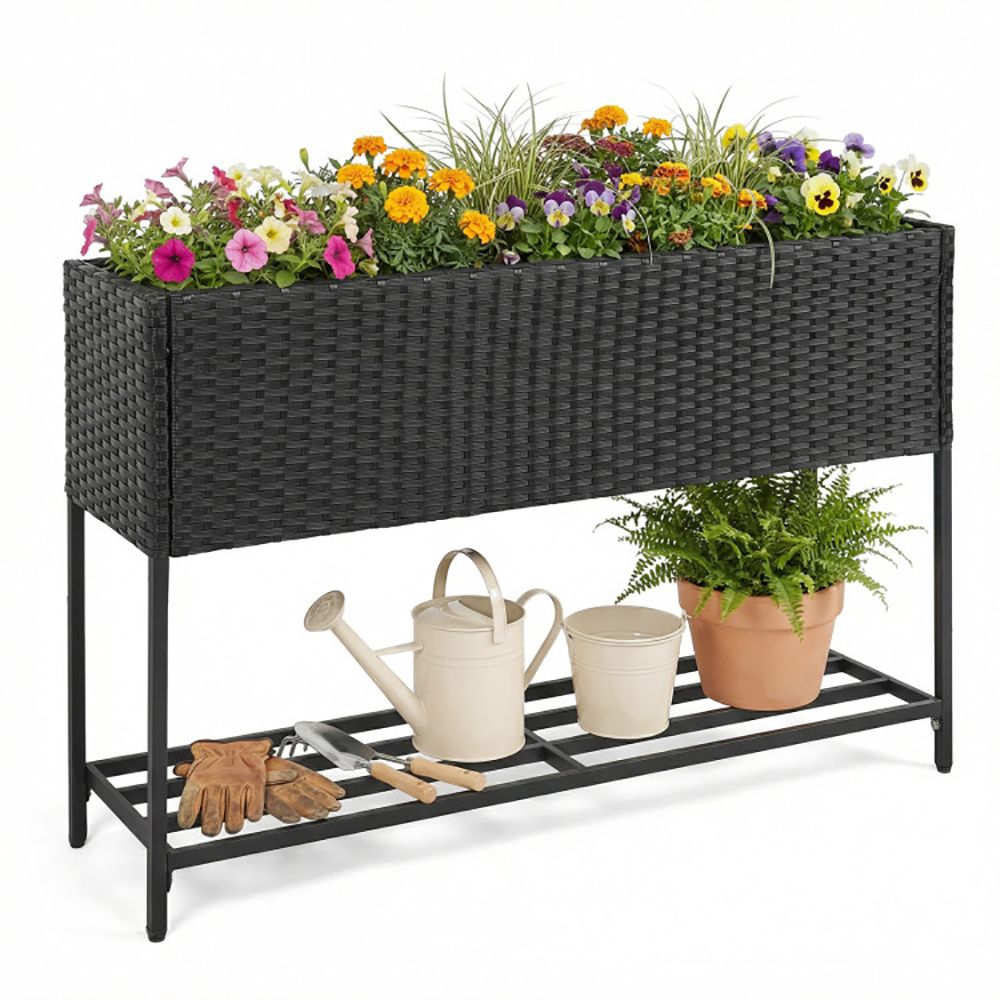 Raised Wicker Garden Bed with Storage Shelf and Removable Liner
