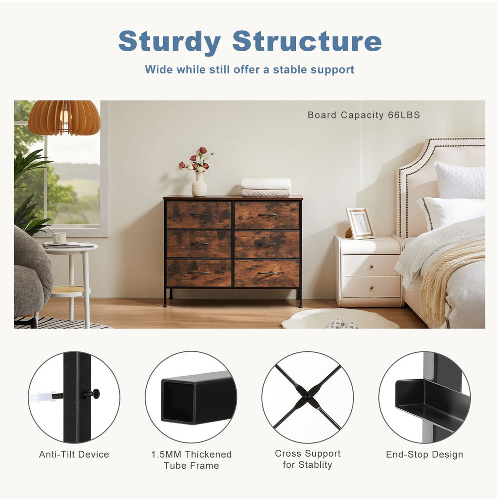 Dresser for Bedroom 6 Drawers Wide Fabric Storage Units Chest of Drawers for Bedroom with Metal Frame and Wooden Top for TV