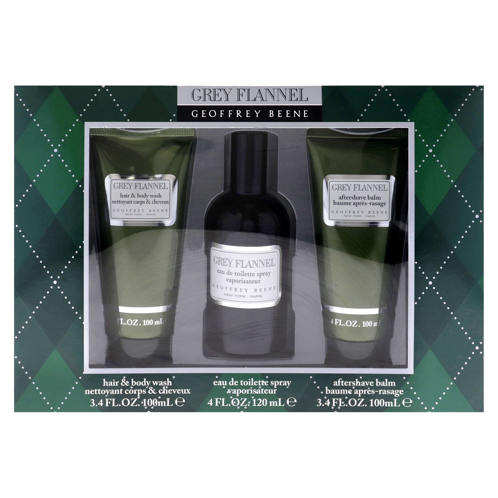 Grey Flannel by Geoffrey Beene for Men - 3 Pc Gift Set 4oz EDT Spray, 3.4oz After Shave Lotion, 3.4oz Hair and Body Wash