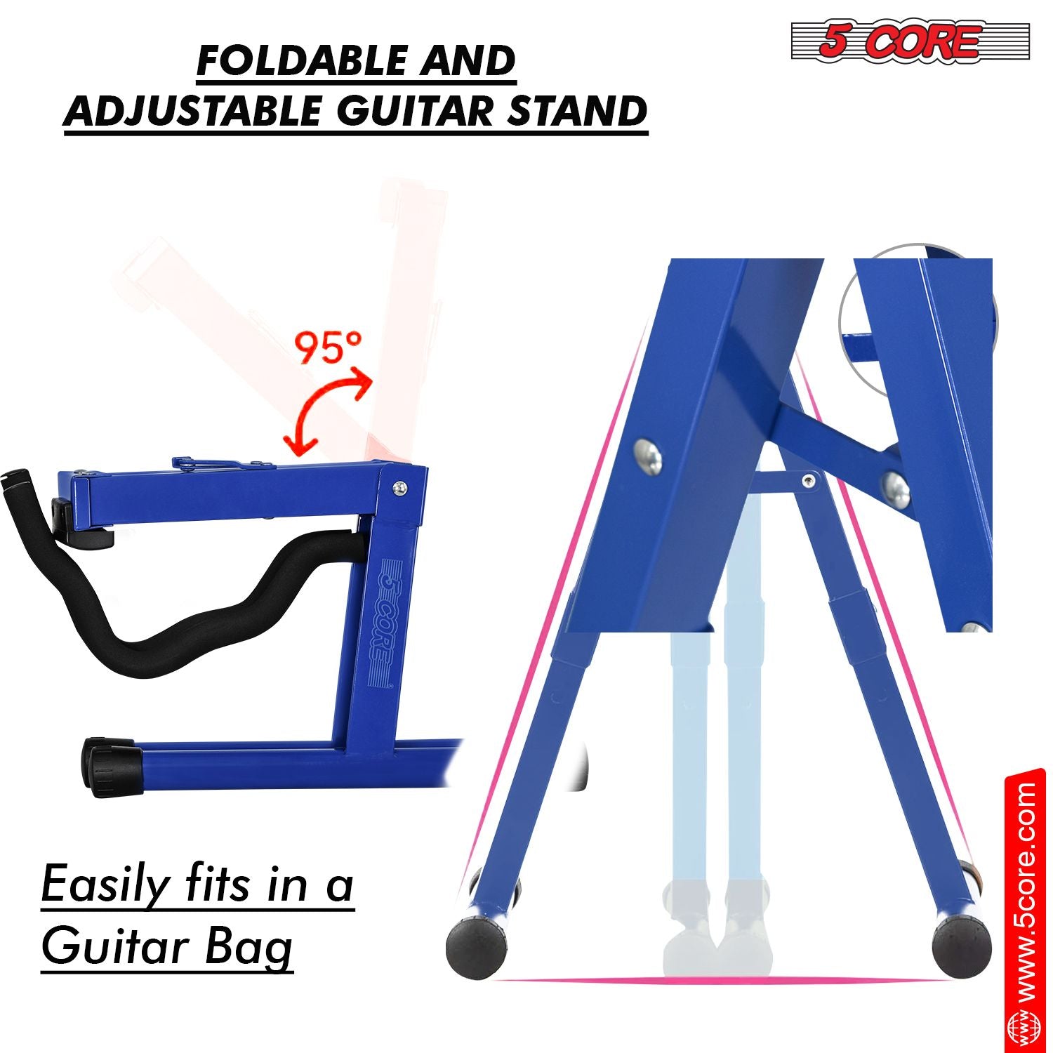 5 CORE Double Guitar Stand Floor Adjustable Heavy Duty A Frame Universal Folding Acoustic Electric Bass Mandolin Banjo Violin Holder Stands For On Stage Studio - GSS BLU