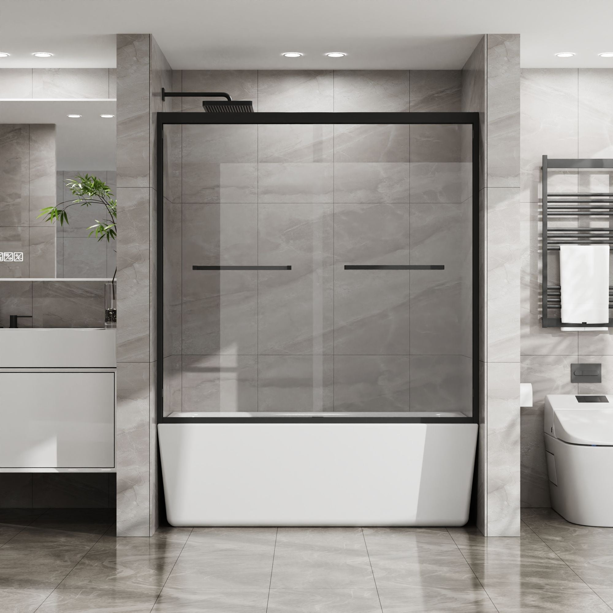 Double Sliding Bathtub Shower Door 60 in. W x 58 in. H Aluminum Framed Shower Enclosure for Tub with SGCC Clear Tempered Glass, Stainless Steel Hardware, Matte Black