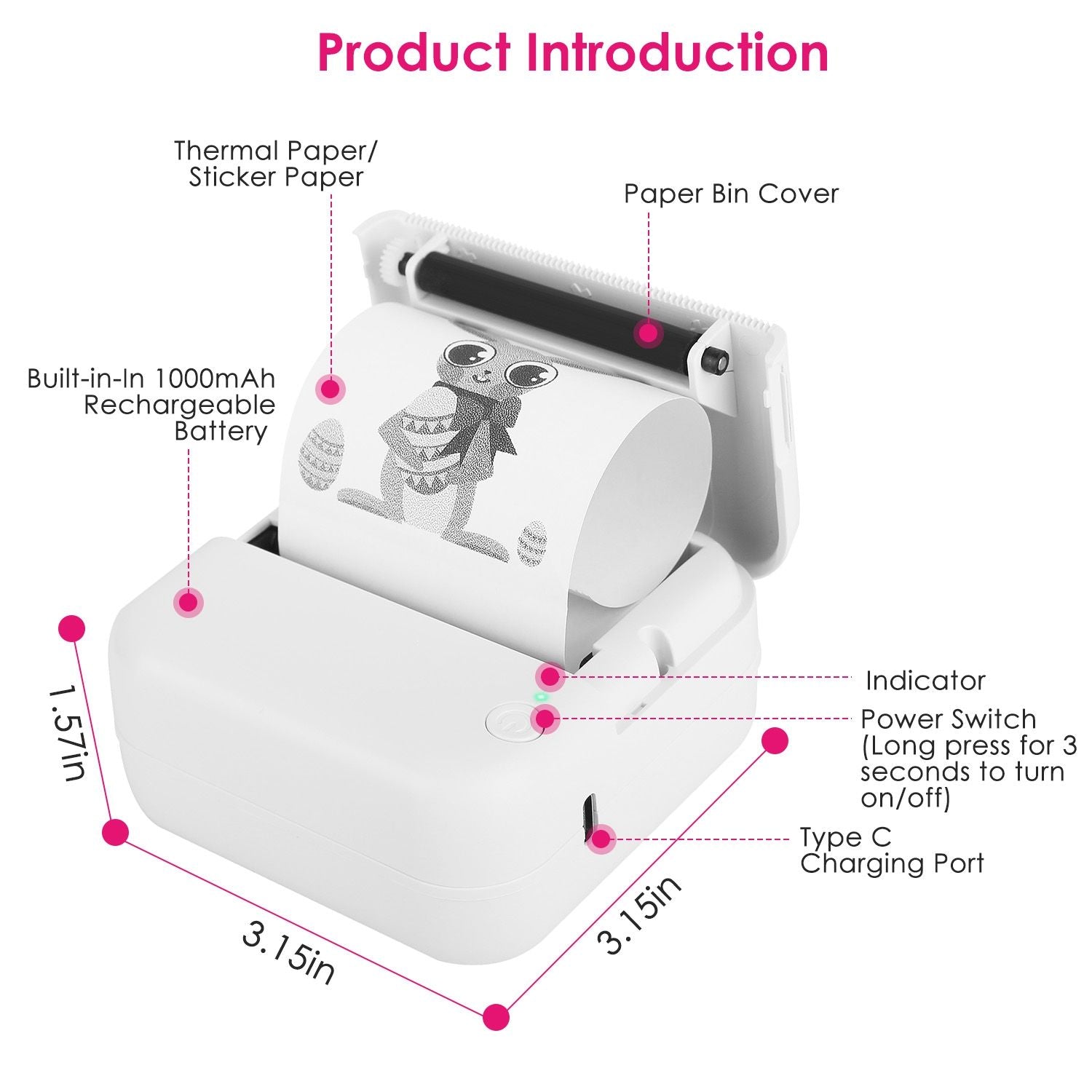 Pocket Wireless Thermal Printer Portable Mini Sticker Maker Machine Rechargeable Inkless Photo Printer for Printing Label Journal Study Notes Memo Photos