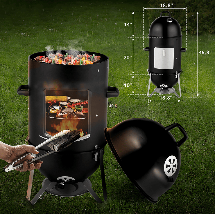 60608693 outdoor three-layer elliptical cylinder oven, temperature table control, exquisite technology, 3 in 1 iron carbon oven, portable charcoal grill, vertical steel charcoal smoke,