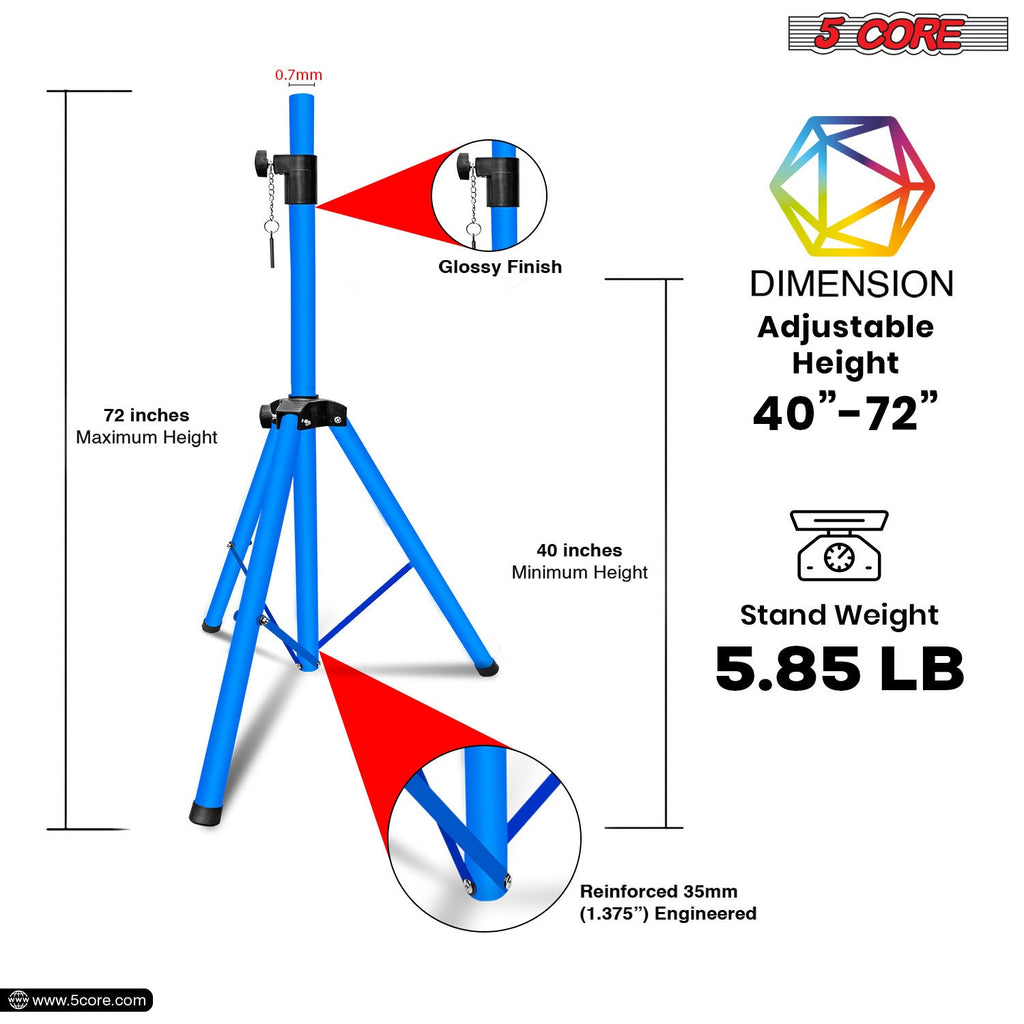 5 Core Speaker Stand Tripod Floor Heavy Duty Adjustable Up to 72 Inch DJ Studio Monitor Stands Pole Mount- SS HD SKY BLU BAG
