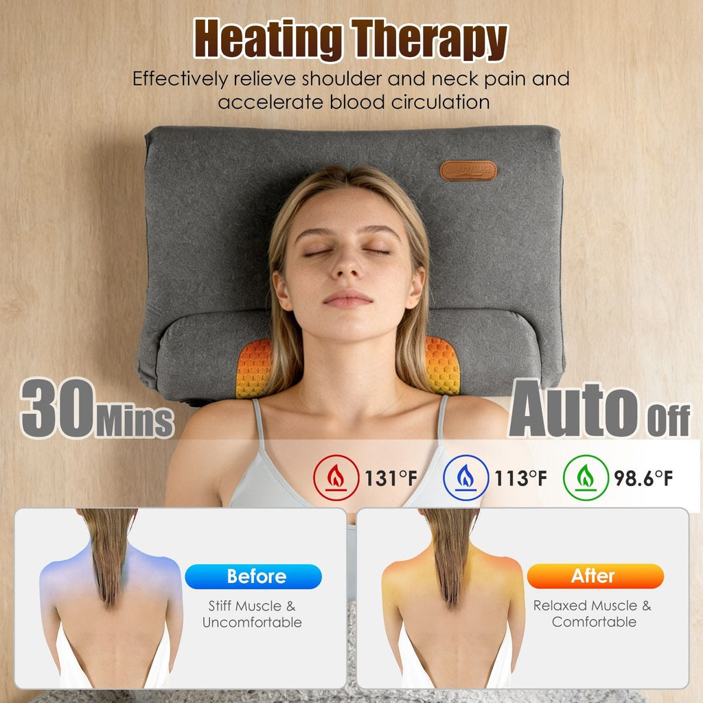 Neck Massager Pillow Ergonomic Massager Memory Foam Pillow with 3-Level Heating 3-Intensity Vibration 30Min Timer for Neck Back Shoulder Pain Relief