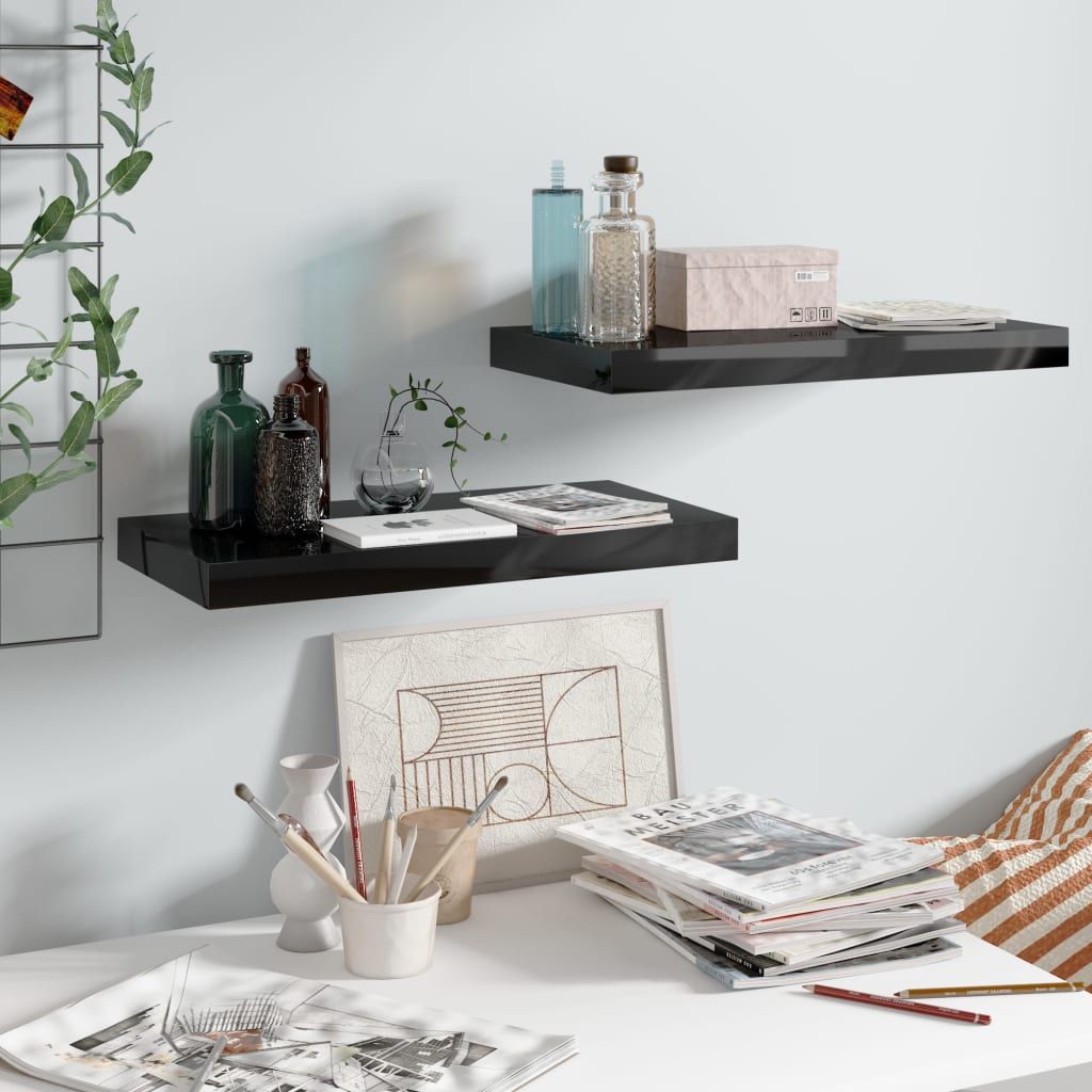 Wall Shelf Set of 2 High gloss black Honeycomb MDF, metal