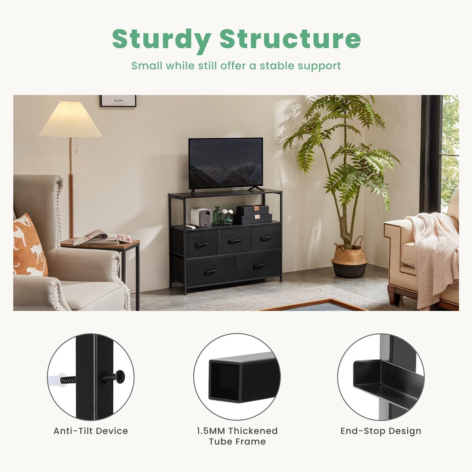 Dresser for Bedroom, Chest of Drawers, 5 Drawer Dresser, Closet Fabric Dresser with Metal Frame tv stand