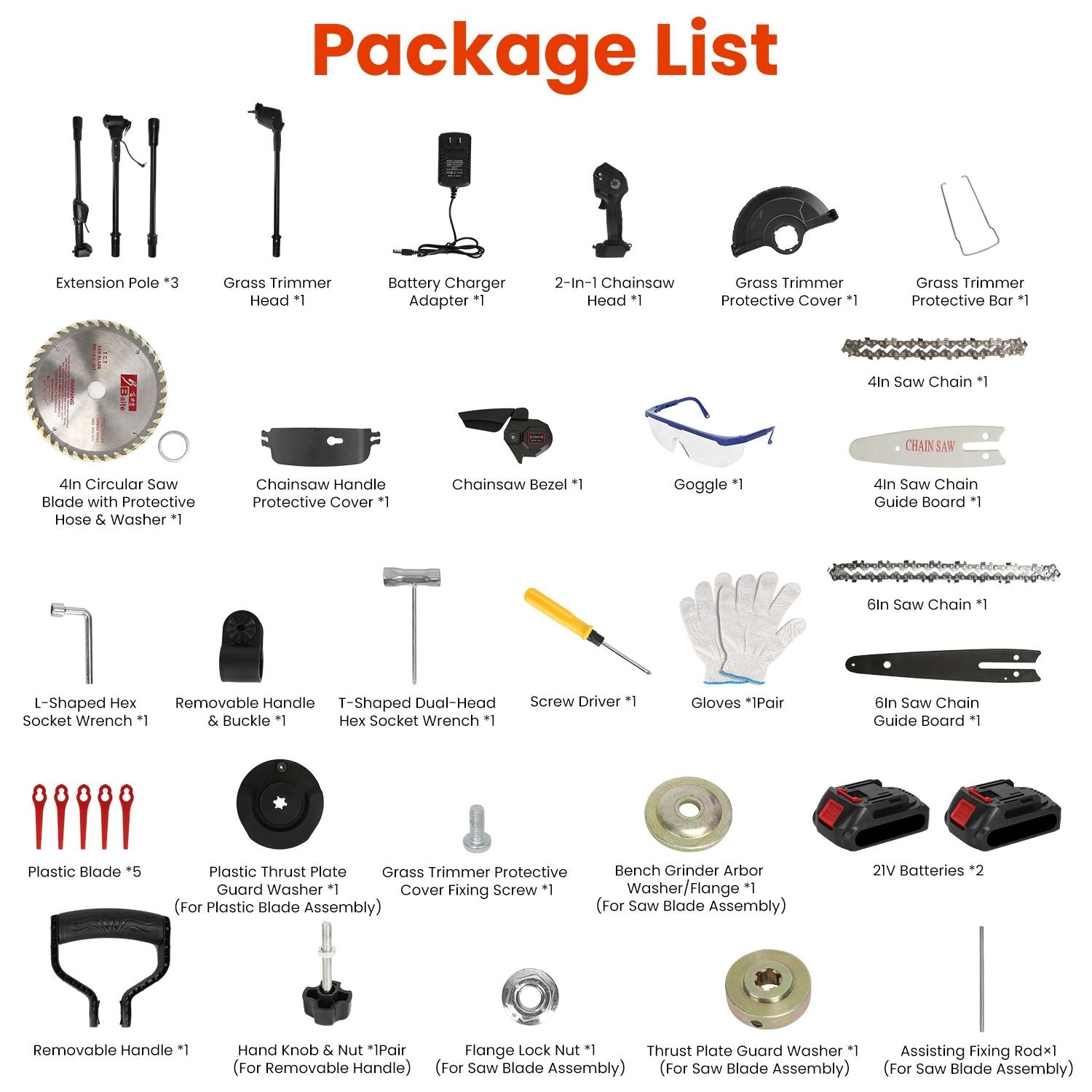3-in-1 Cordless Electric Pole Saw & Mini Chainsaw & Grass Trimmer Kit with Adjustable Length 2Pcs 21V 1500mAh Batteries 4in/6in Chains Saw Blade 5Pcs Plastic Blades