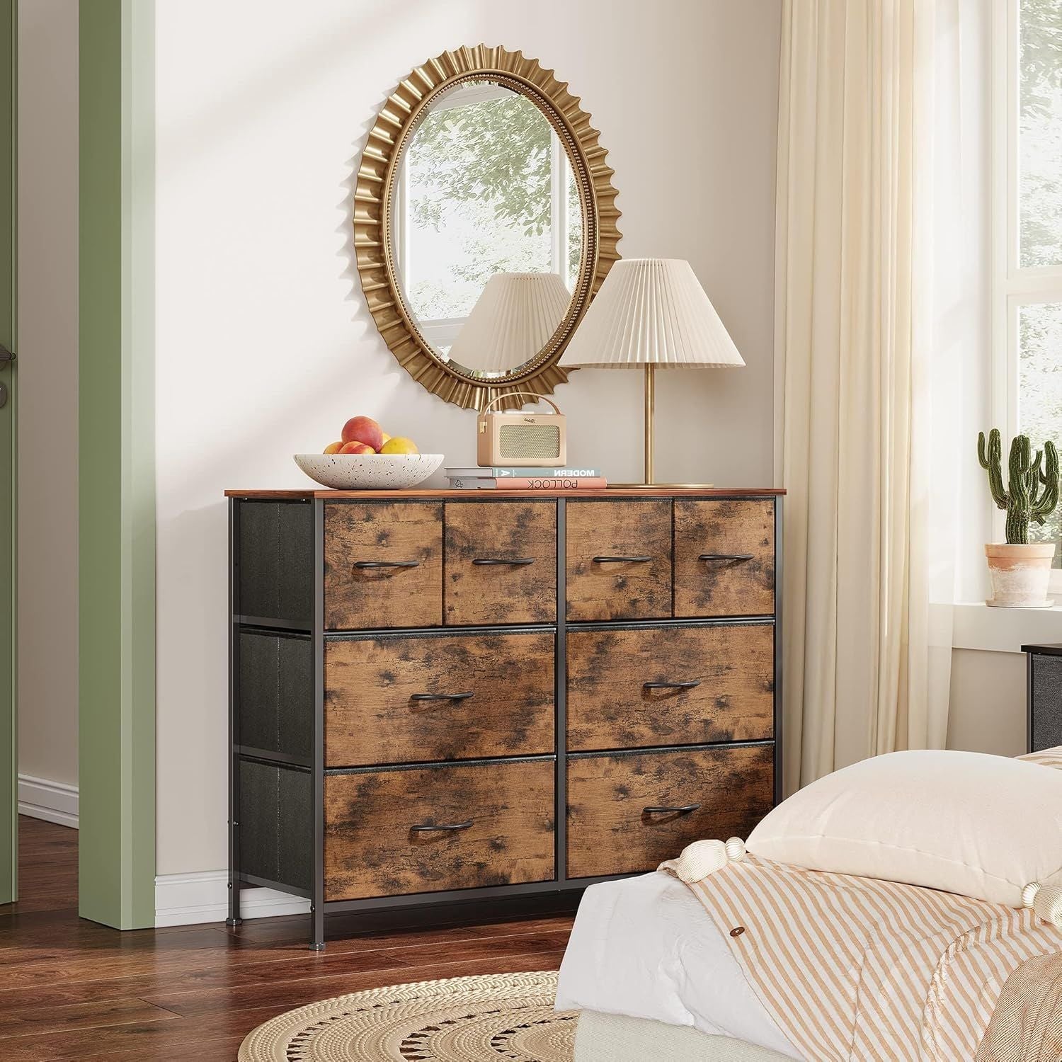 Dresser for Bedroom with 8 Drawers, Wide Fabric Dresser for Storage and Organization, Chest of Drawers, Dressers for Living Room, Closet, Hallway, Dark Grey