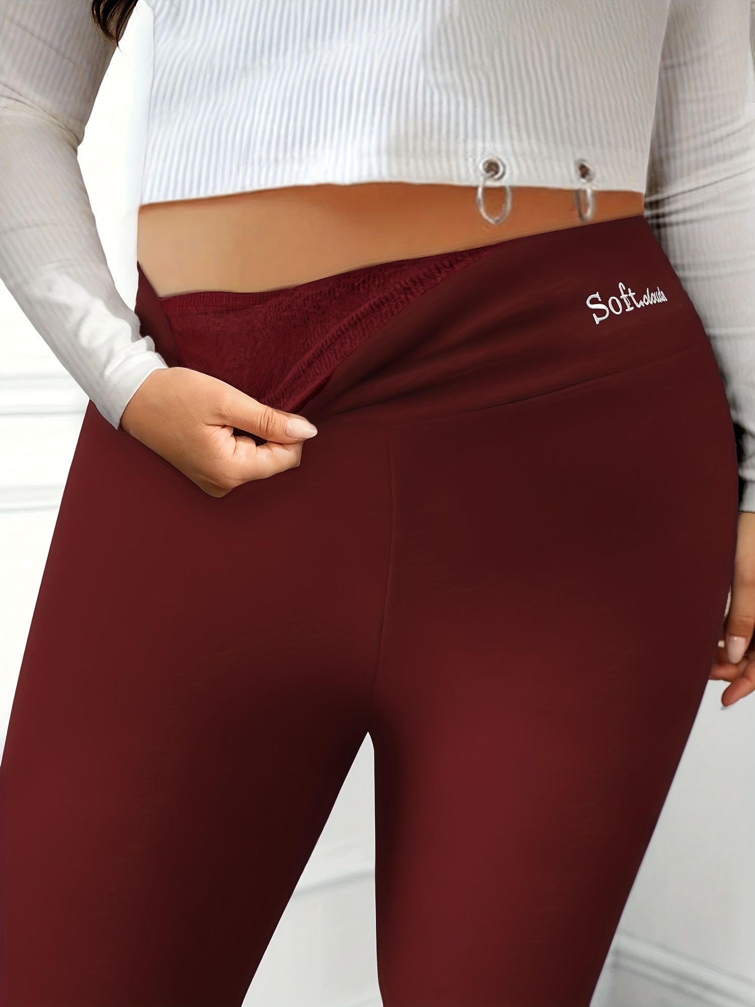 Plus Size Casual Leggings, Women's Plus Letter Print Liner Fleece High Rise Slight Stretch Leggings