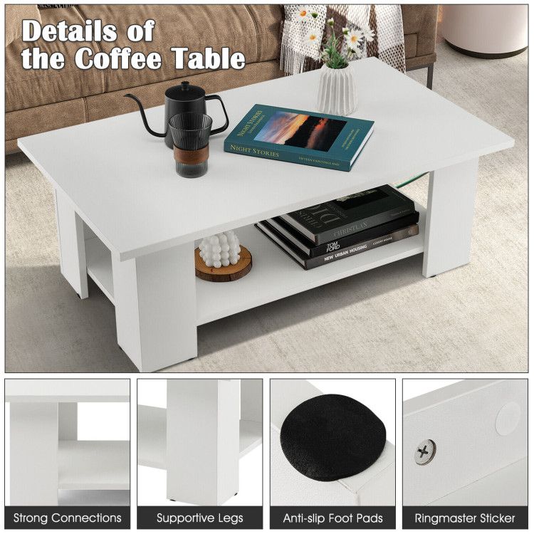 Large 41 Inch 2-tier Wooden Modern Coffee Table with Storage Shelf living room table